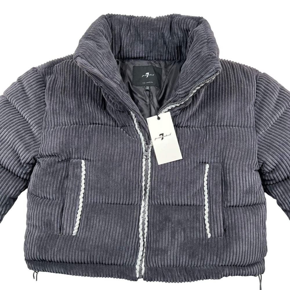 7 For All Mankind Puffer Jacket Women XS Gray Corduroy Braided Trim Quilted New